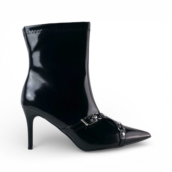 Shoes - Fashion Nova Black Patent Pointed Toe Stiletto Harness Booties - Size 8.5